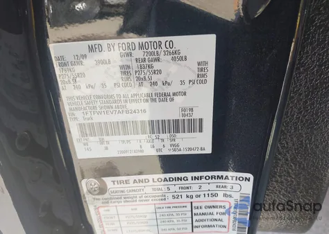 2010 Ford F-150 Fx4/Harley-Davidson/King Ranch/Lariat/Platinum/Xl/Xlt from USA, damaged, VIN 1FTFW1EV7AFB24316